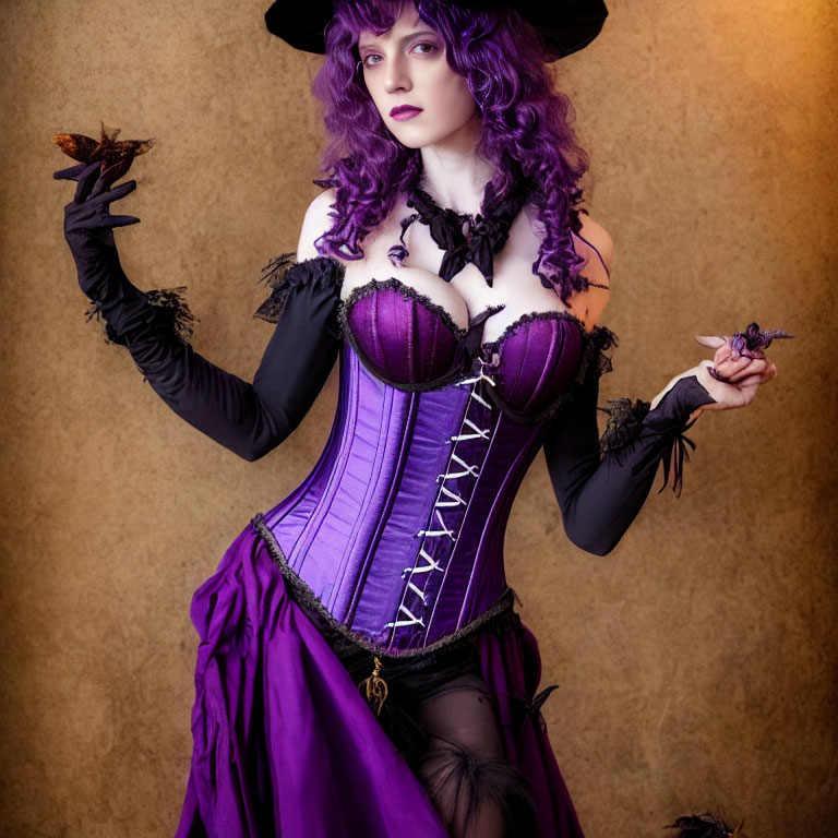 Purple and Black Witch Costume with Corset, Hat, and Wig on Warm Background