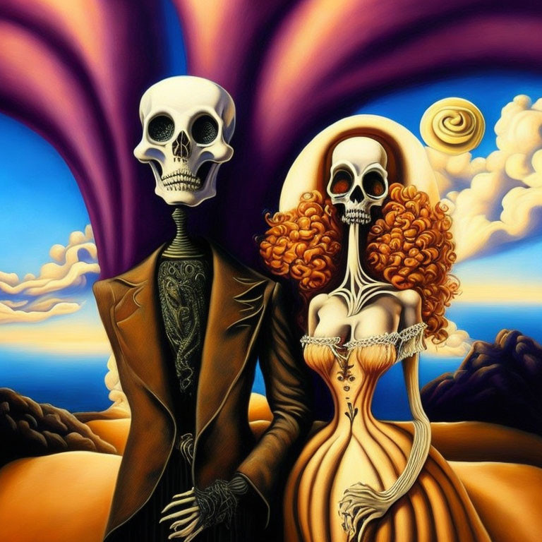 Skeletal Couple in Elegant Attire with Surreal Día de Muertos Theme