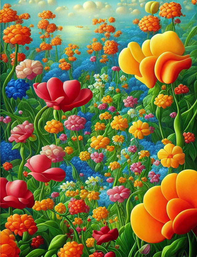 Colorful Painting of Lush Garden with Oversized Flowers