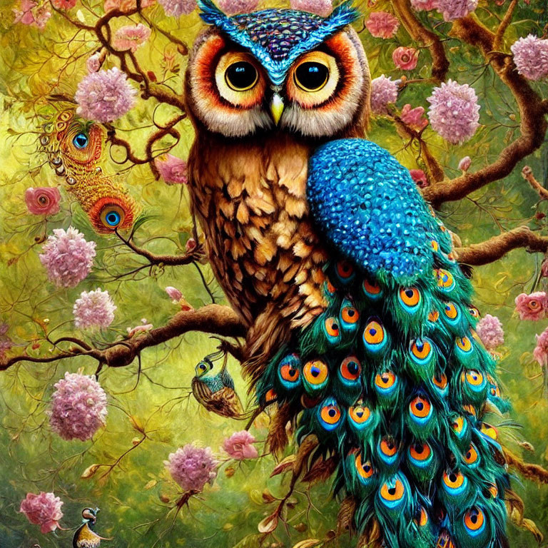Colorful Owl with Peacock Feathers in Vibrant Forest Setting