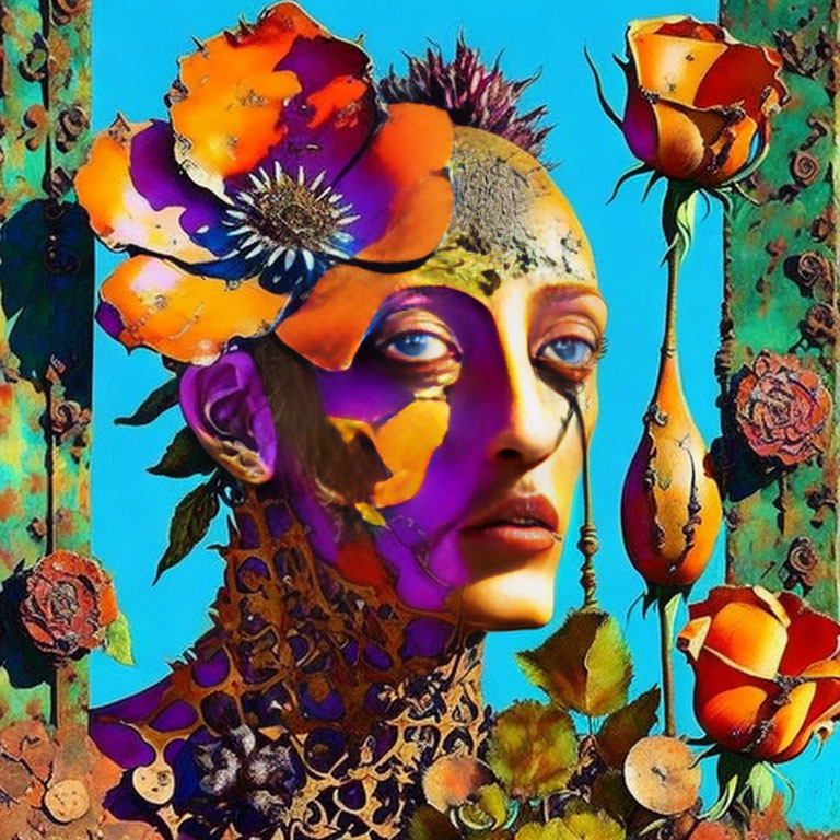 Colorful digital collage featuring female face with floral adornments on blue background