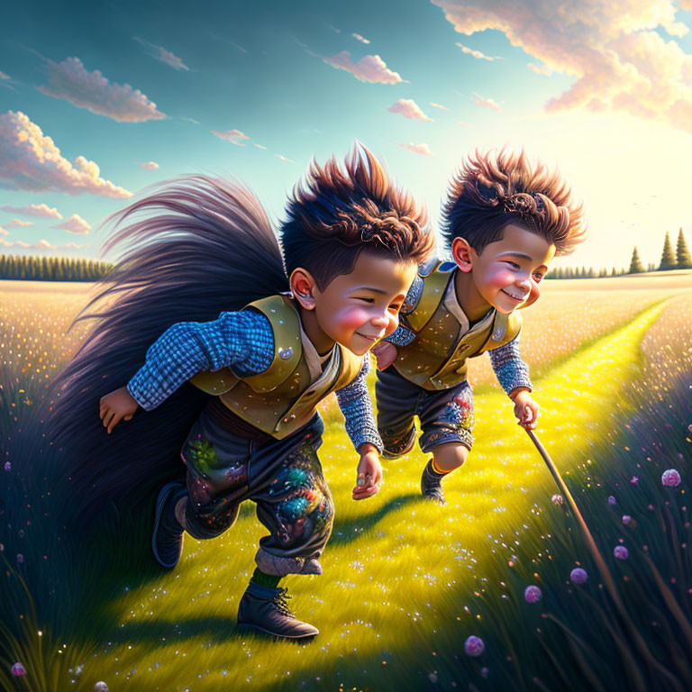 Exaggerated hair and tails on joyful animated boys in vibrant meadow