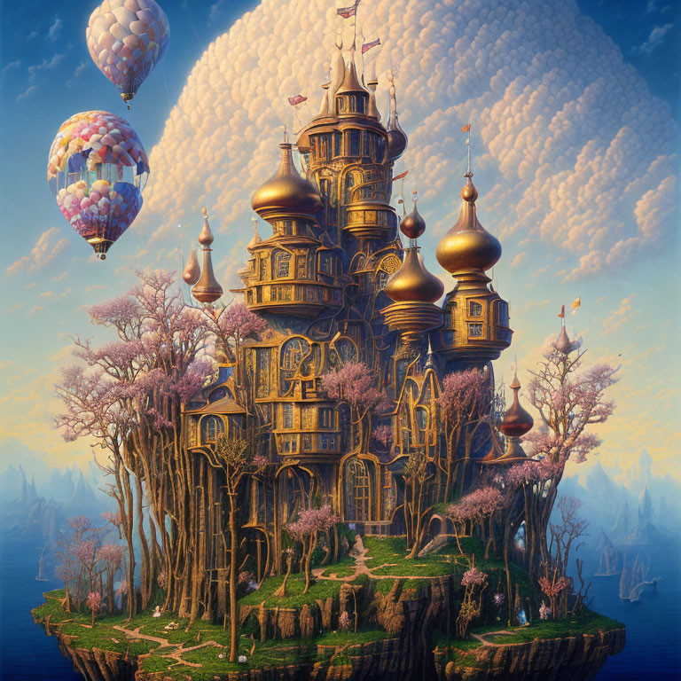 Fantastical castle on floating island with golden domes, pink cherry blossoms, hot air balloons