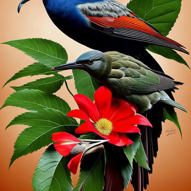 Colorful birds perched among green leaves and red flower.