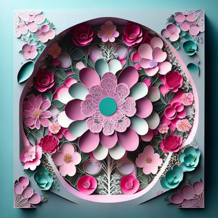 Circular Symmetrical 3D Paper Art: Pink, Purple, and Teal Flowers