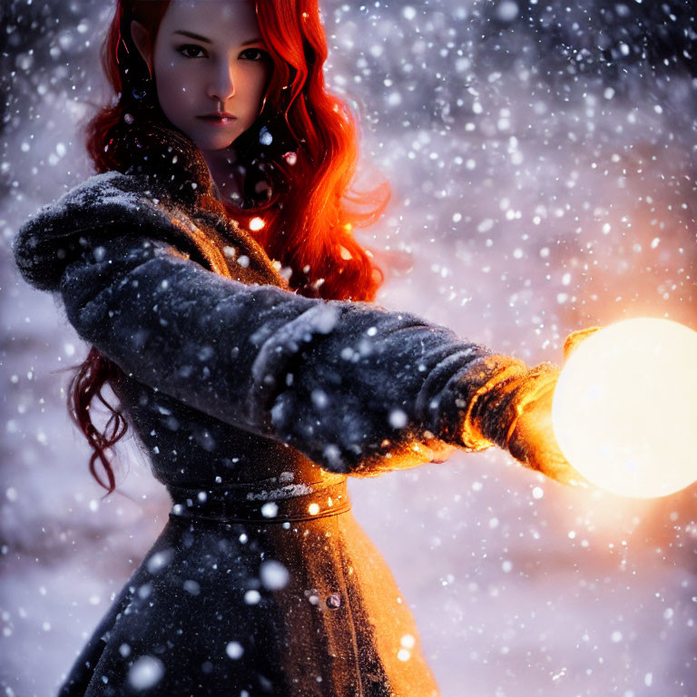 Fiery red-haired person holding glowing orb in snowy setting