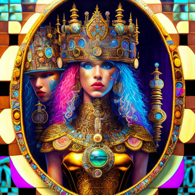 Colorful digital artwork: Woman with blue hair and golden headgear on stained-glass background