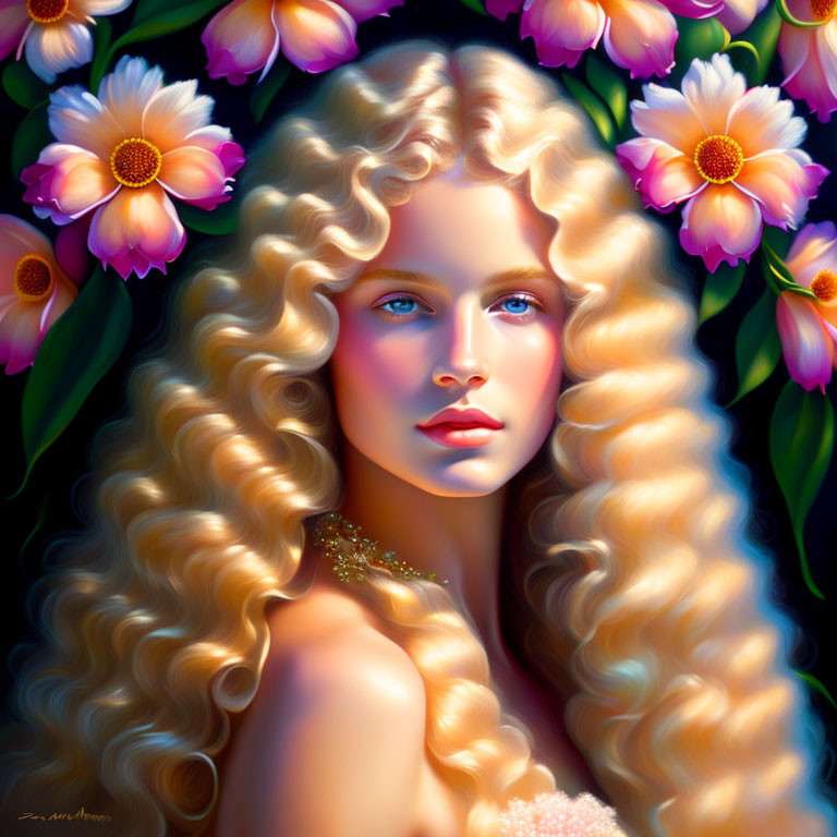 Blonde Woman Portrait with Blue Eyes and Flowers
