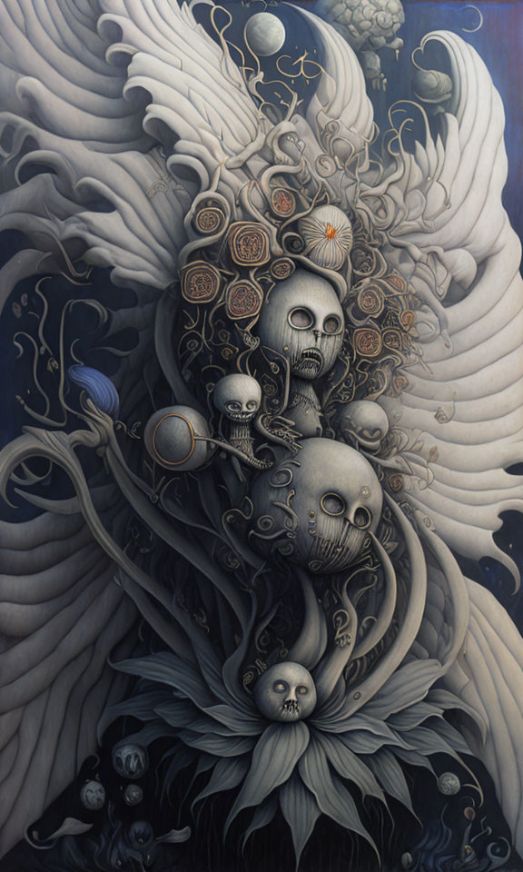Monochromatic painting with swirling patterns, skulls, and celestial motifs