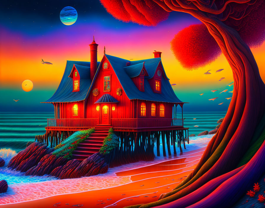 Colorful sunset scene: red house on stilts, whimsical tree, birds, and two moons