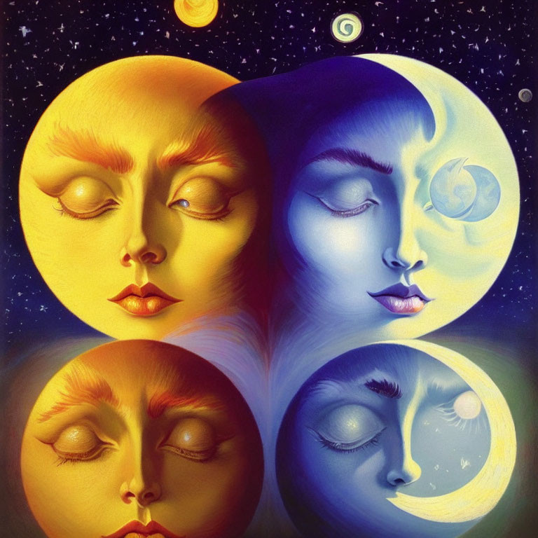 Surreal painting of four faces in celestial night sky