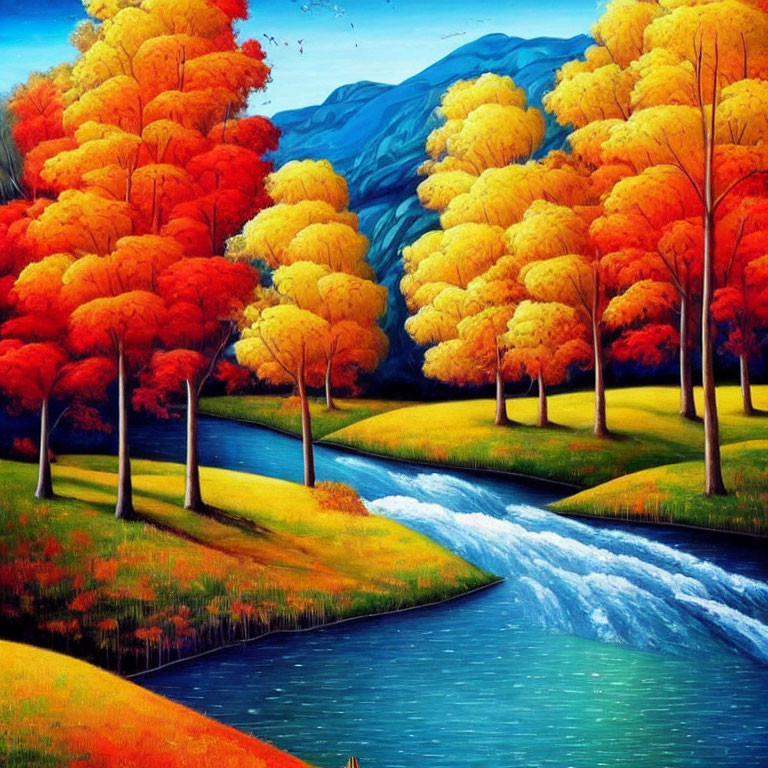 Scenic landscape painting: river, orange and yellow trees, blue mountains