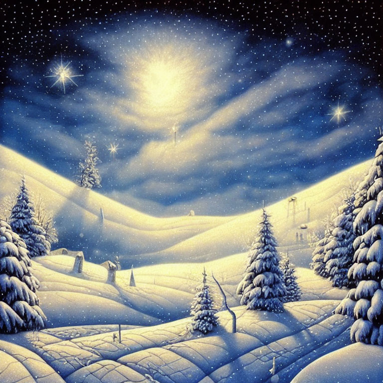 Snow-covered hills, pine trees, and starry sky in serene winter night landscape