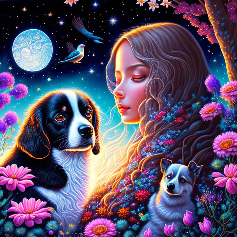 Woman with dogs in floral setting under starry sky and full moon.