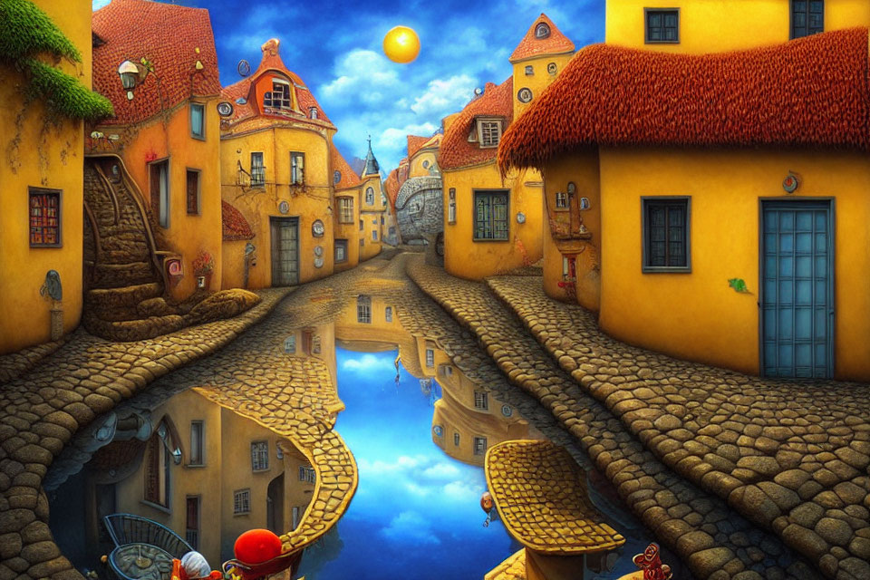 Colorful painting of a charming village with cobblestone paths and canal reflection