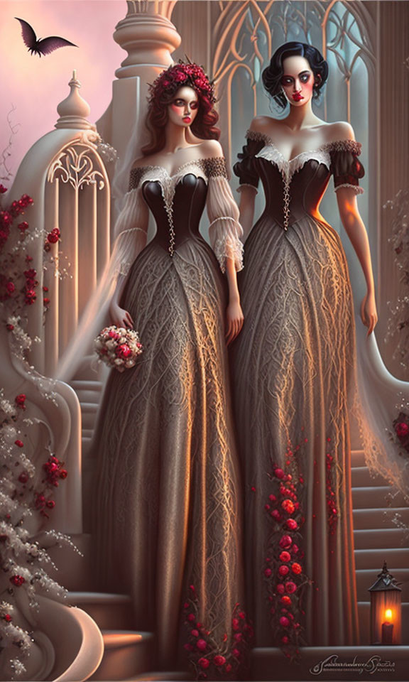 Vintage Dresses: Elegant Women on Stairs with Red Flowers, Lantern, and Bat