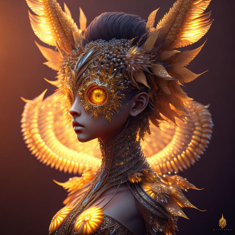 Digital Artwork: Person with Golden-Feathered Headdress and Intricate Mask