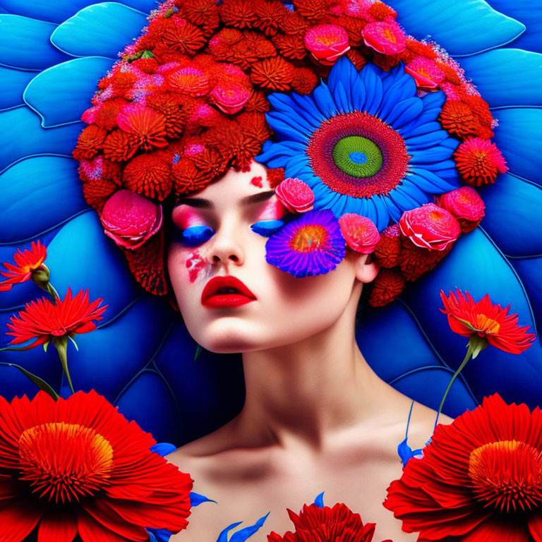 Colorful makeup and floral arrangement on woman creates surreal look