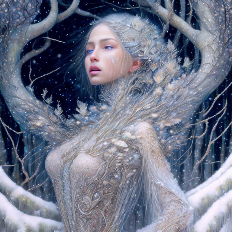 Ethereal woman with frosty hair in snowy forest scene