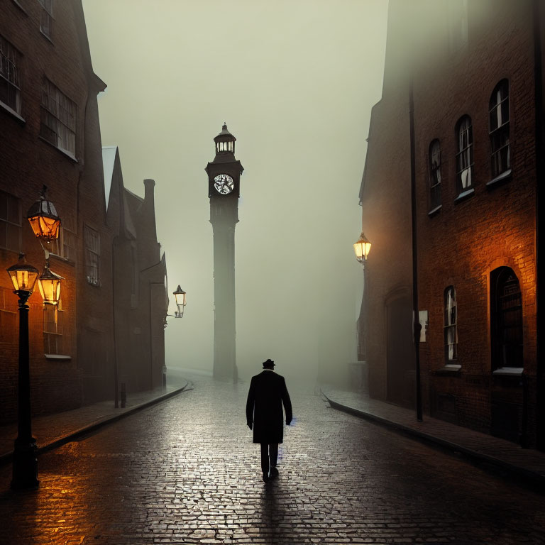 Solitary figure walking towards clock tower on foggy street with lampposts and brick buildings