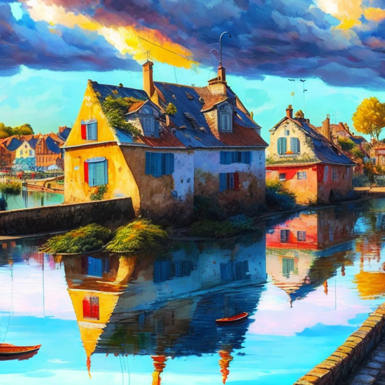 Vividly colored houses by calm water at sunset with boats nearby