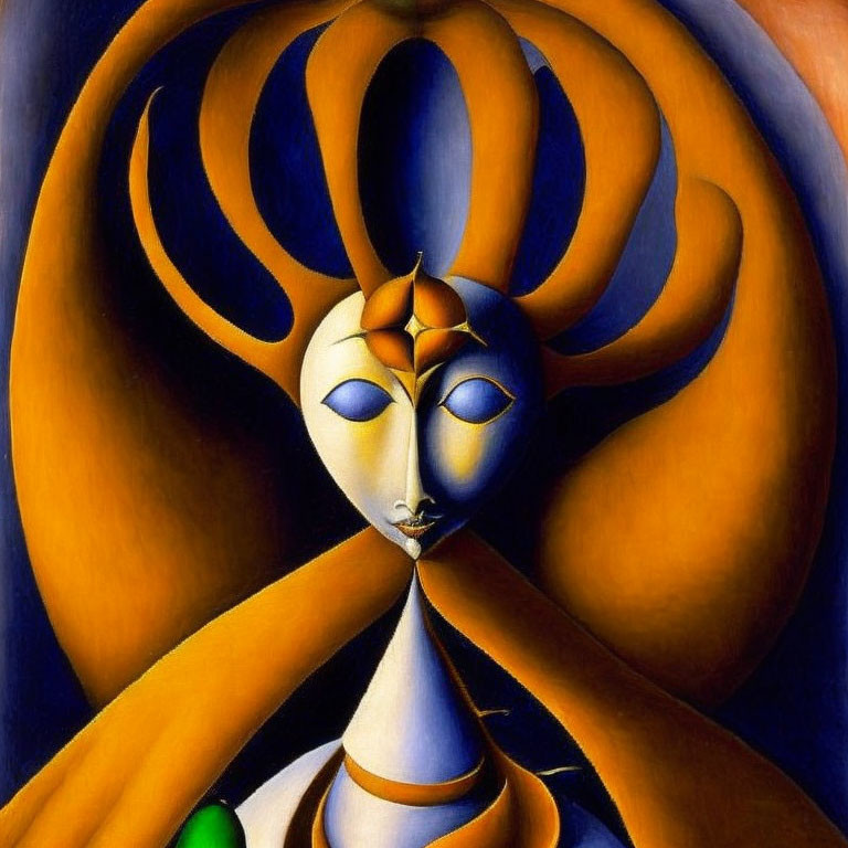 Elongated humanoid figure with flame-like hair in blue and orange tones