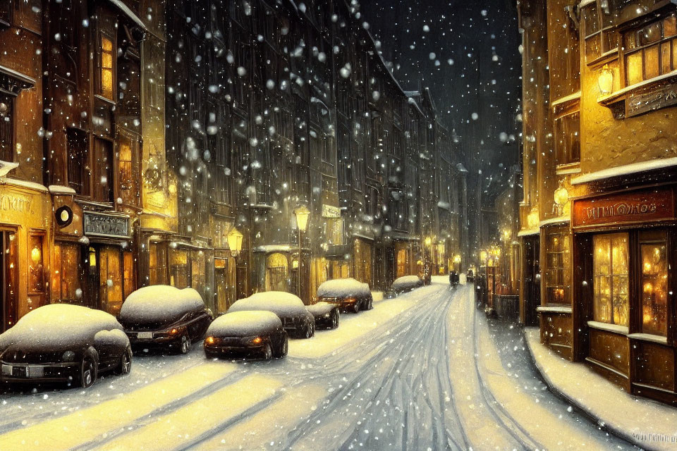 Snow-covered Night Street Scene with Parked Cars, Lit Shops, and Falling Snowflakes
