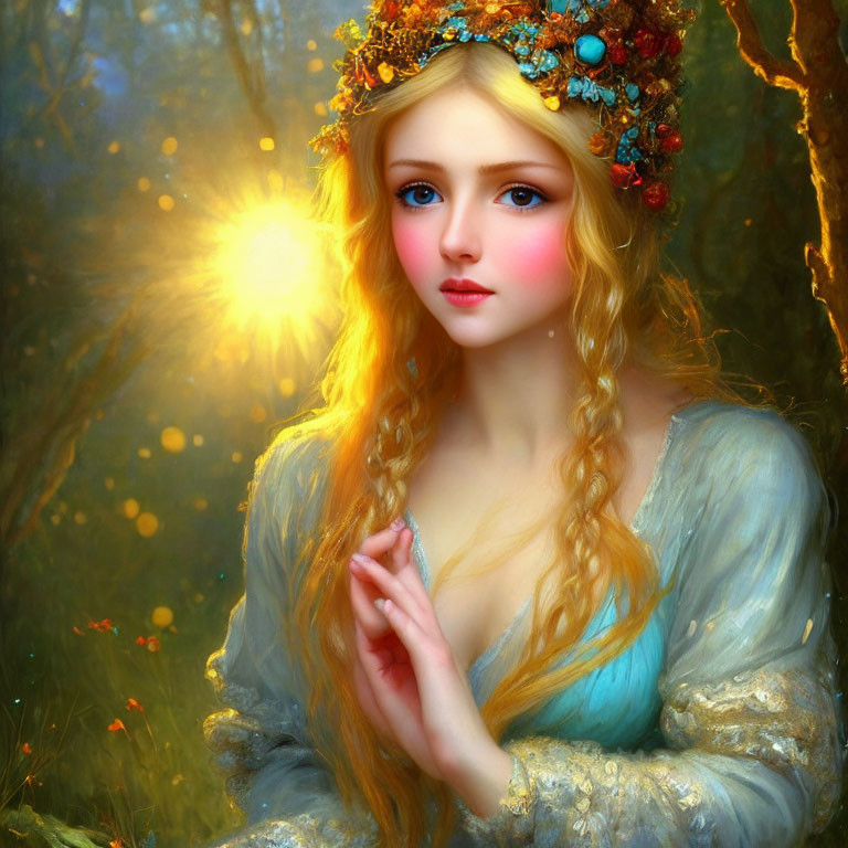 Blonde woman with braided hair in floral crown in enchanted forest