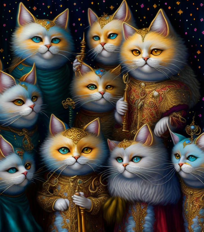 Vibrant illustration of cats in medieval attire with human-like eyes