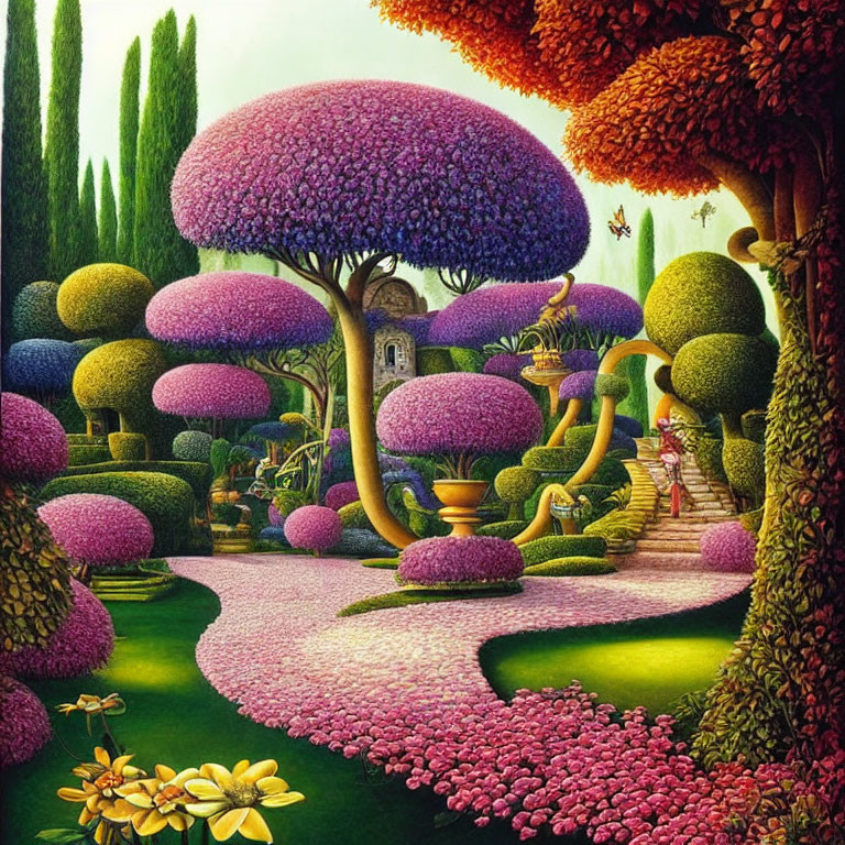 Whimsical garden with purple, orange, and green topiary trees and bushes