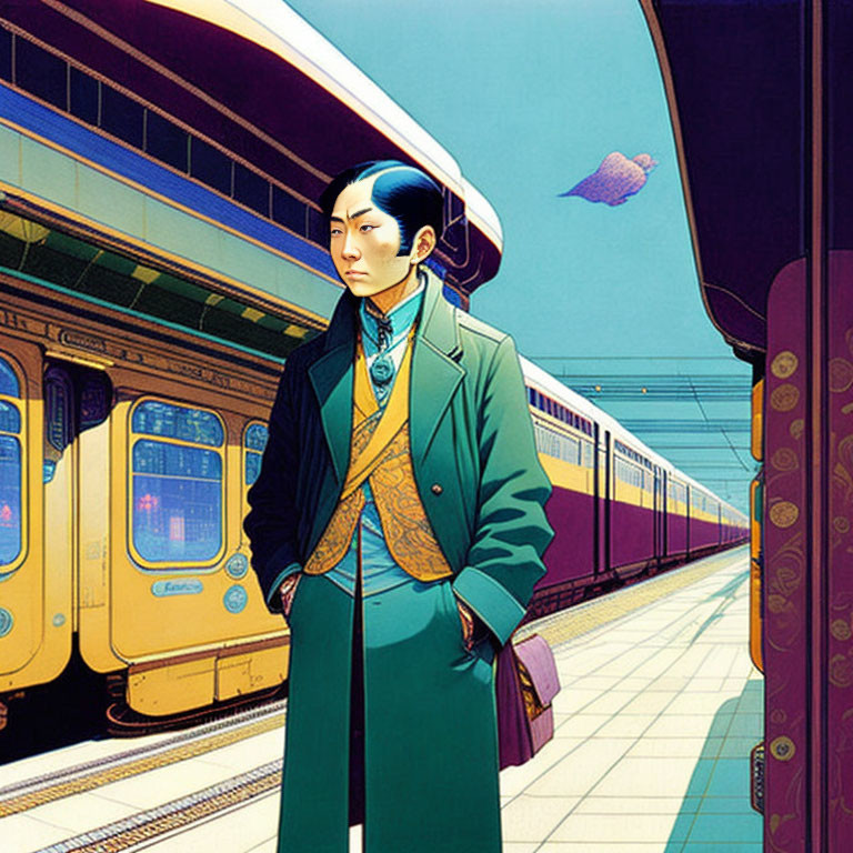 Colorful illustration of person on platform with train and surreal bird