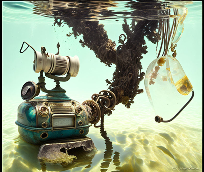 Whimsical underwater scene with robot anglerfish and light bulb bait