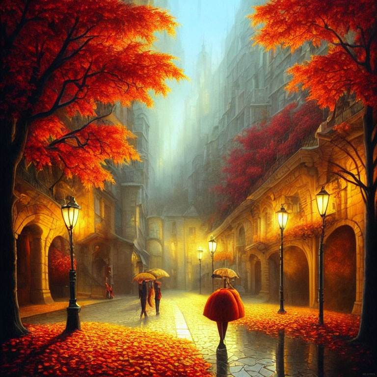 Autumn scene: cobblestone street, colorful trees, vintage lamps, people with umbrellas