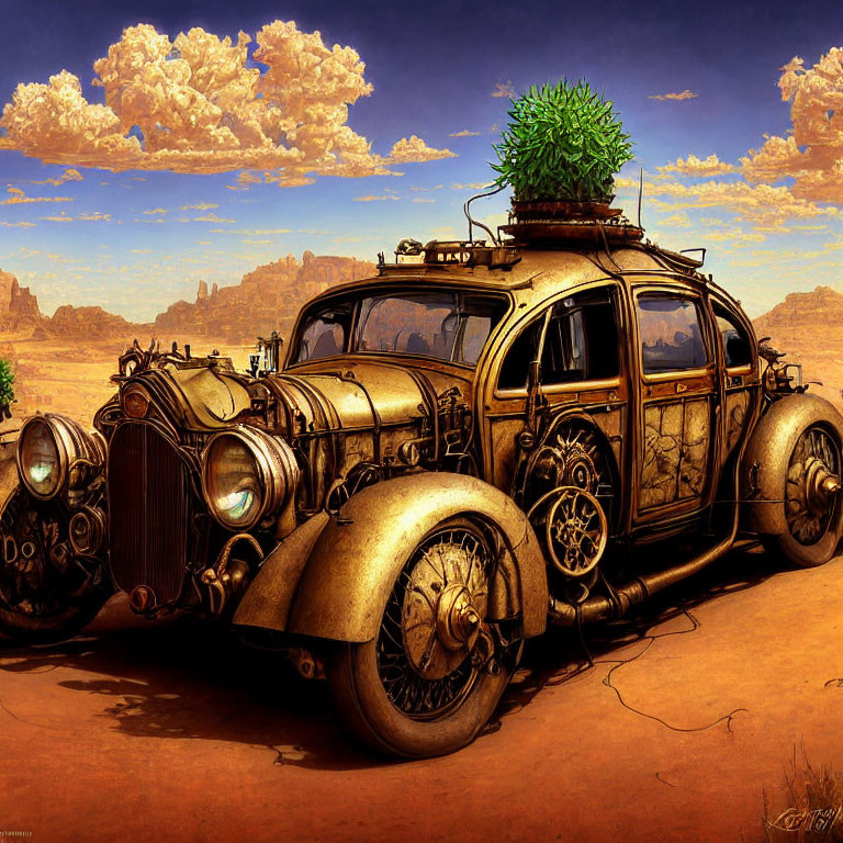 Retro-futuristic car with intricate metalwork and tree in desert landscape
