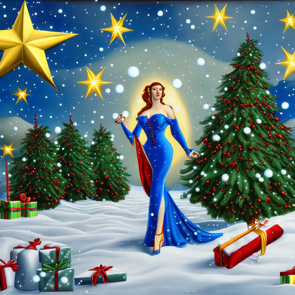 Vintage-style illustration: Woman in blue dress among Christmas trees and gifts, under starry night sky