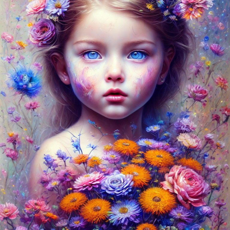 Young girl with blue eyes surrounded by vibrant flowers in dreamlike portrait