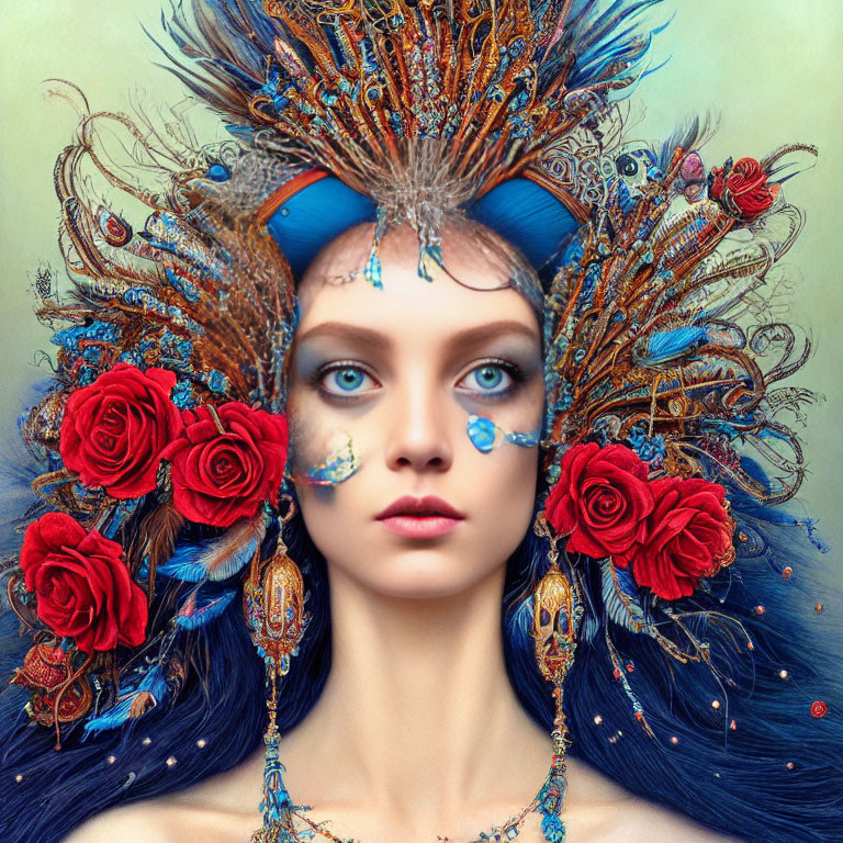 Woman with vibrant blue headdress, peacock feathers, red roses, intricate face paint, and blue