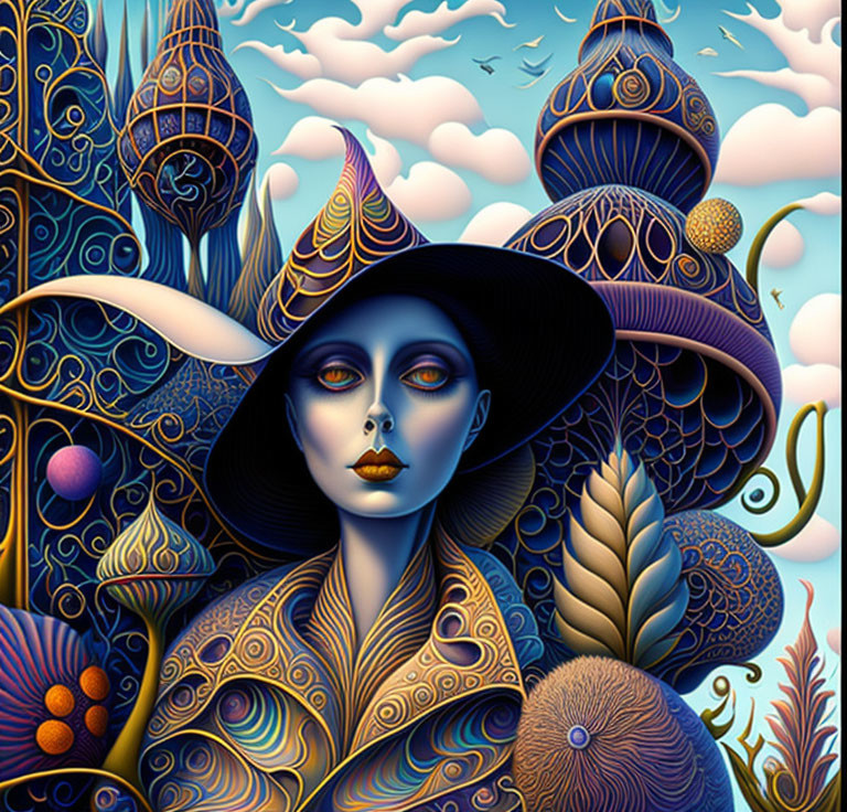 Surreal stylized portrait of mystical woman in whimsical setting
