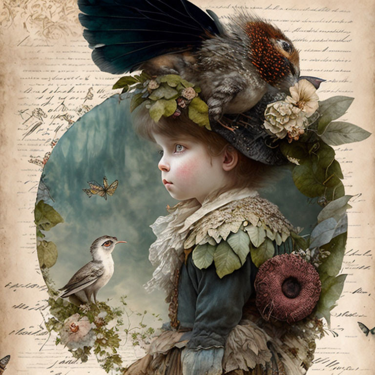Child with Bird and Floral Headpiece on Vintage Script Background