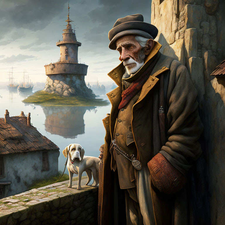 Elderly man with dog by stone wall, old lighthouse, ships in background
