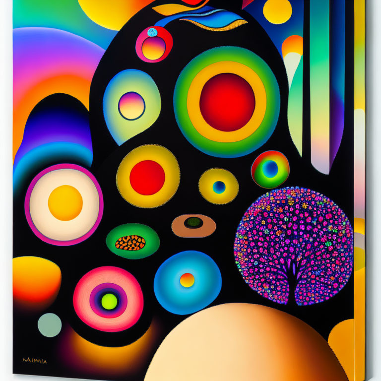 Vibrant Abstract Painting with Circular Forms and Tree-Like Figure