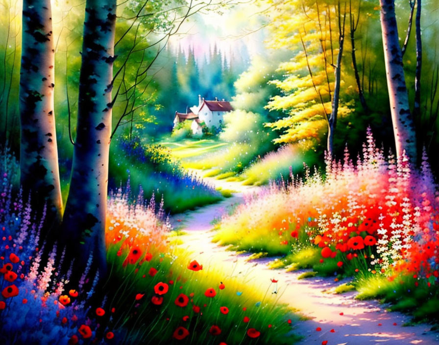 Sunlit Forest Path Painting with Quaint House and Birch Trees