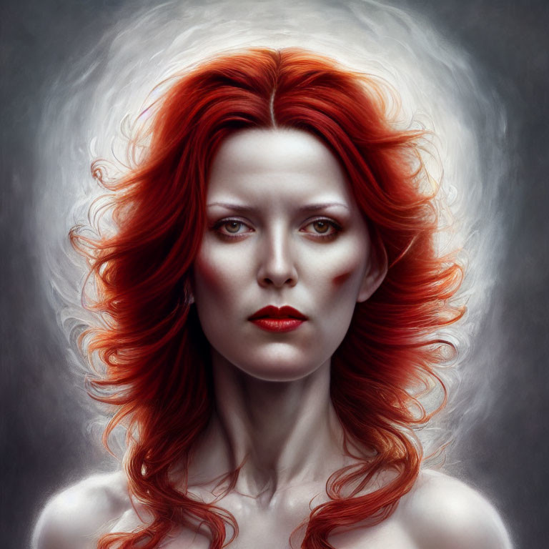 Digital painting of woman with flowing red hair and piercing eyes on soft grey background