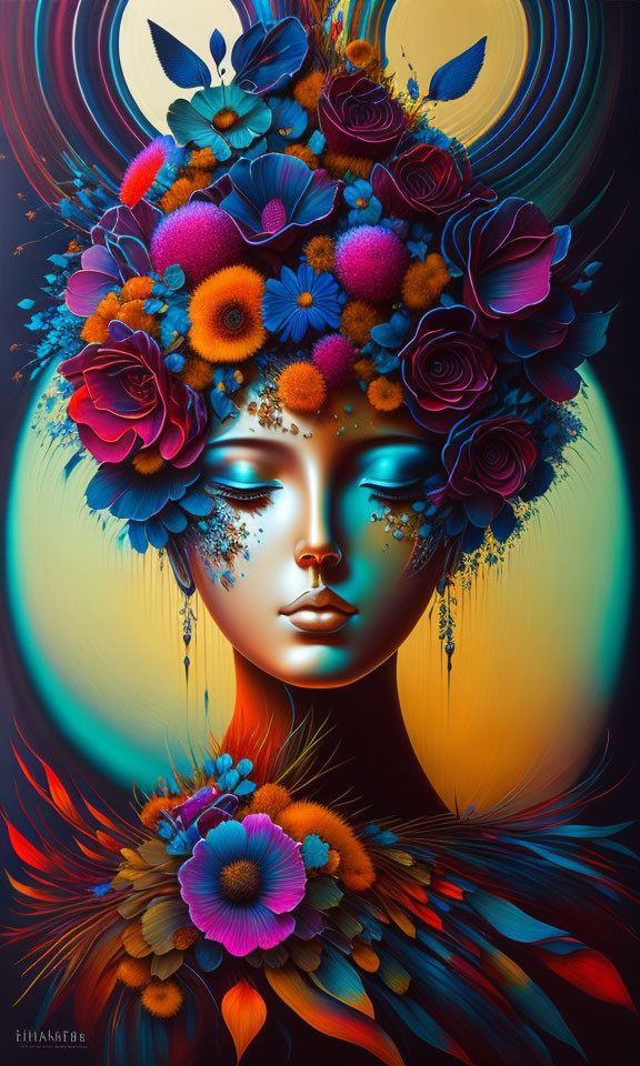 Surreal artwork: Closed-eye face with vibrant flowers in swirling blue, gold, and orange.