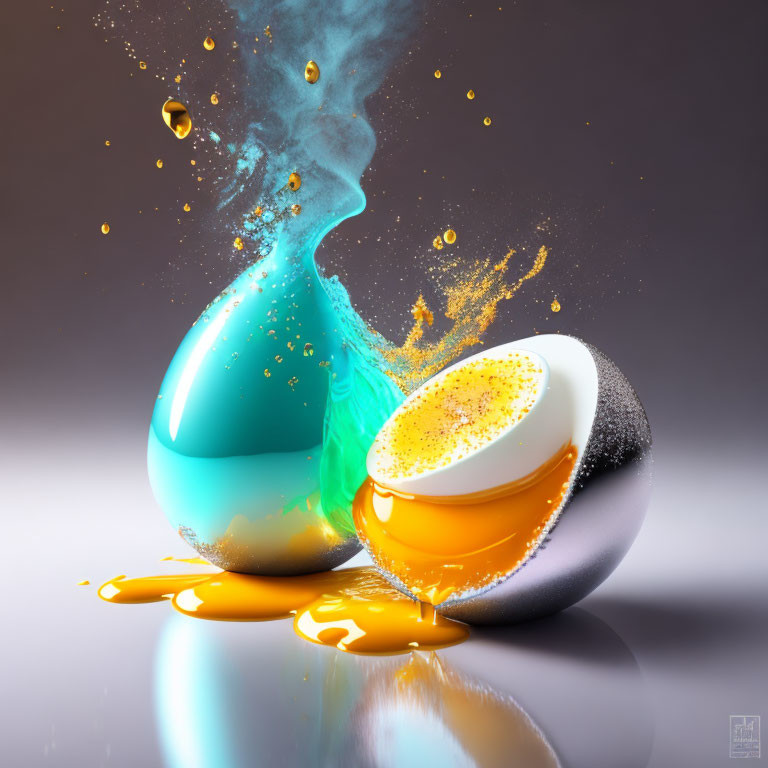 Colorful liquid yolks splashing from cracked eggs on reflective surface