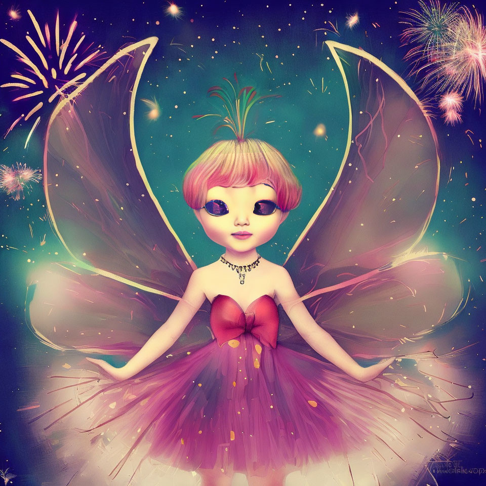 Stylized fairy with large wings and pink hair in purple dress amid fireworks and starry sky