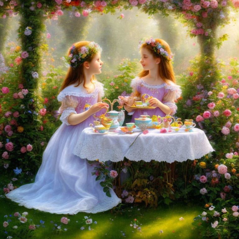 Two girls in white dresses with flower crowns having a tea party in a lush garden.