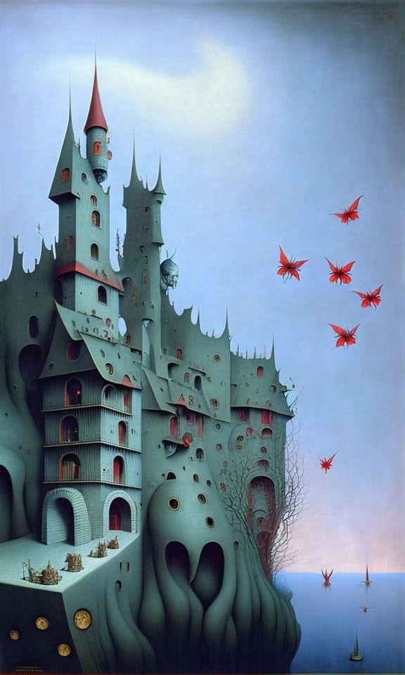 Fantastical painting of towering castle on cliff by calm sea