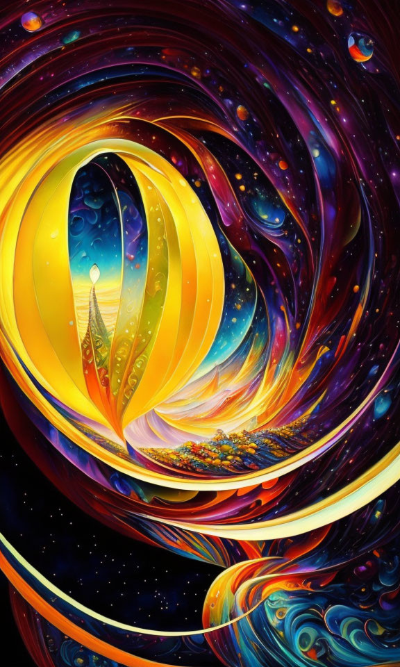Colorful Abstract Artwork with Swirling Cosmic Themes