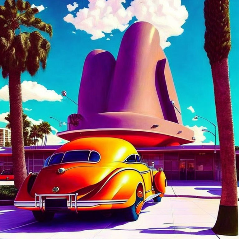 Colorful illustration of orange car on sunny street with palm trees and purple building
